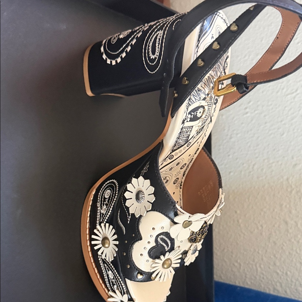 Kurt Geiger Black and White Floral Appliqué Slingback Heels